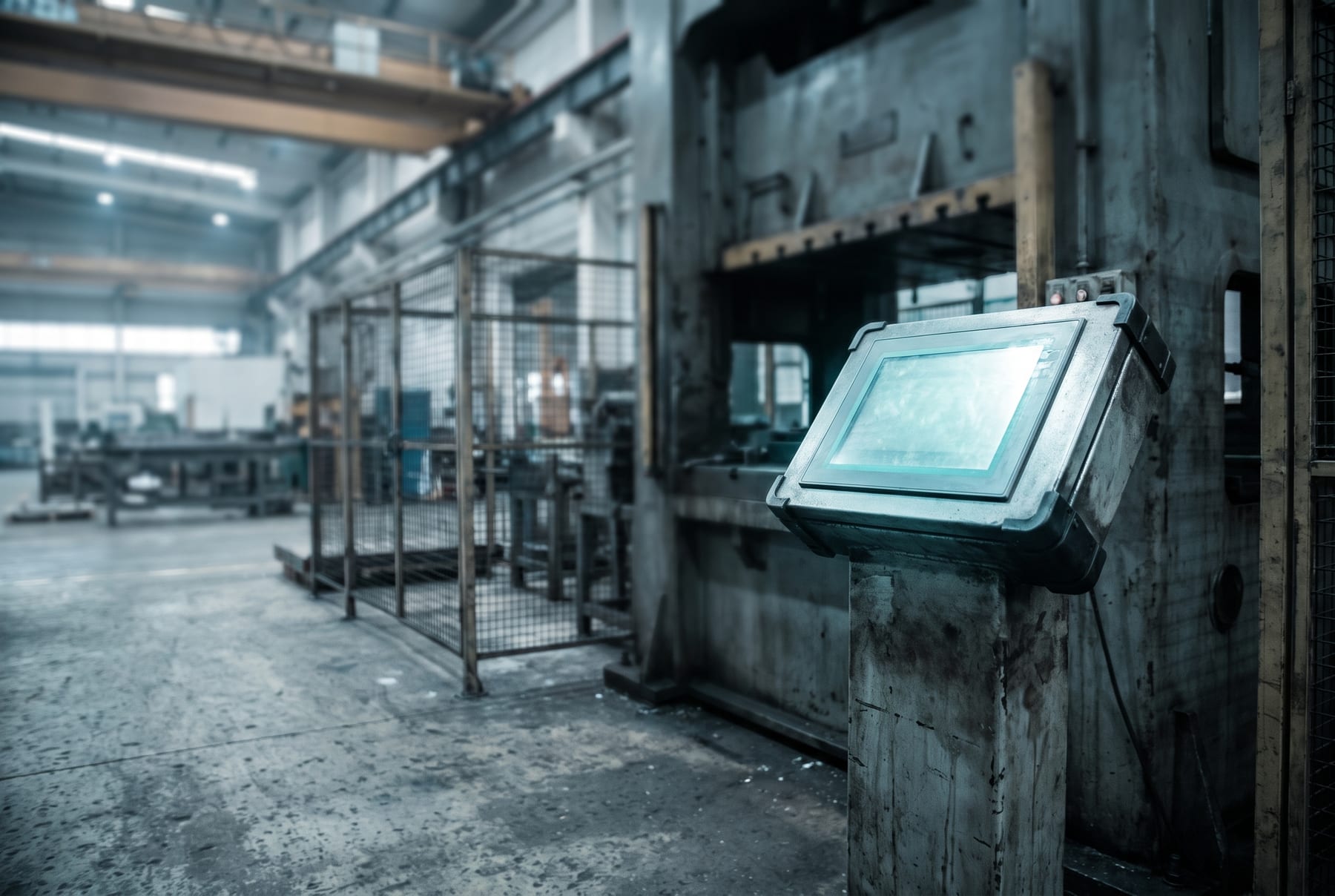 An operator terminal mounted beside a press on the shop floor
